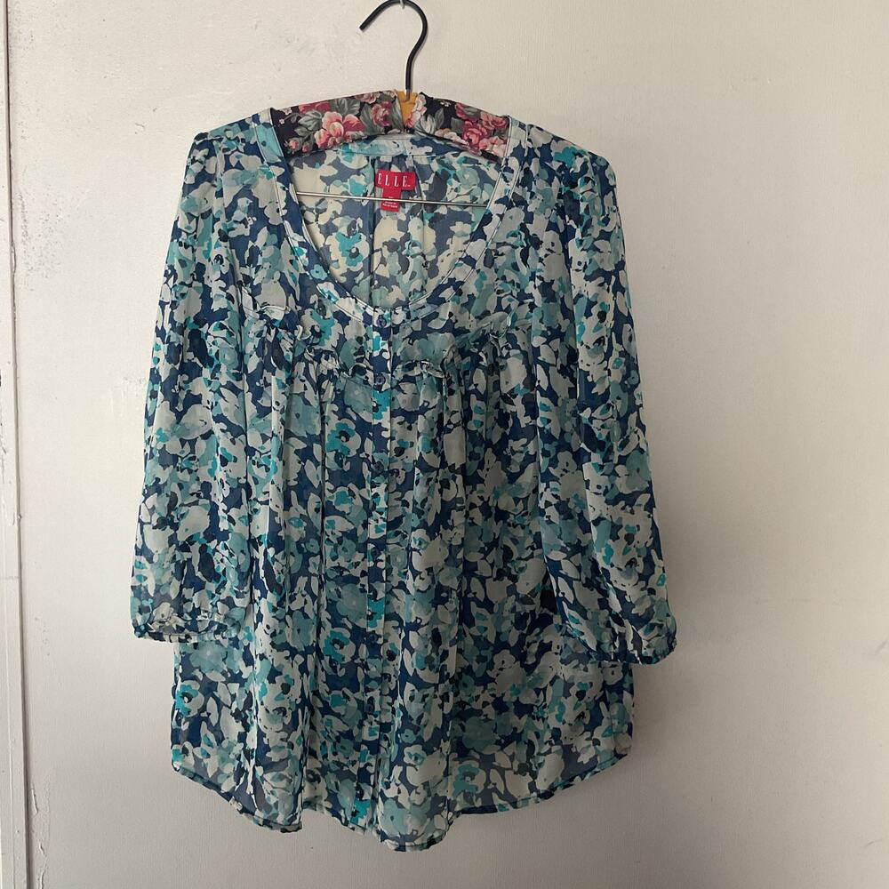ELLE Blue Floral Chiffon Blouse Women Size M Sheer Button Front 3/4 Sleeve - Picture 3 of 5